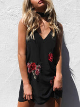 Flower Embroidery Black Sleeveless V-neck Halter Mini Dress With Chocker
